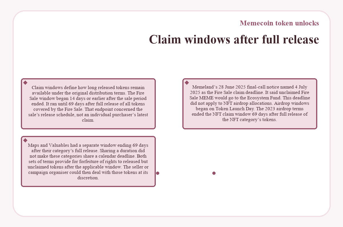 Diagram: Memecoin token unlocks - Claim windows after full release